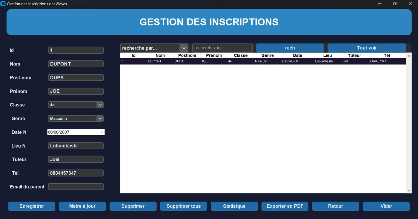 Tableau de bord du logiciel GSchool