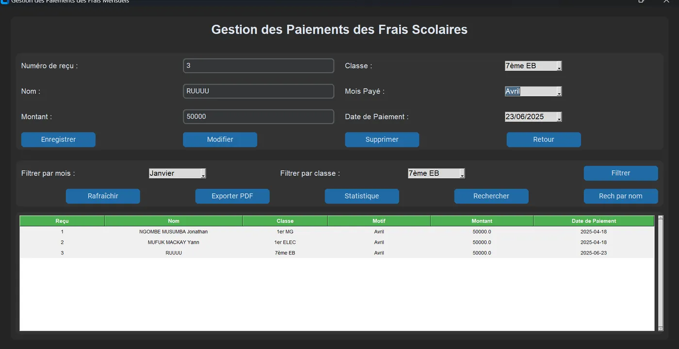 Écran de gestion des frais dans GSchool